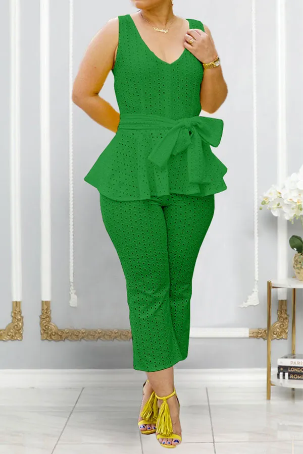 Solid Color Peplum Belted Pant Set