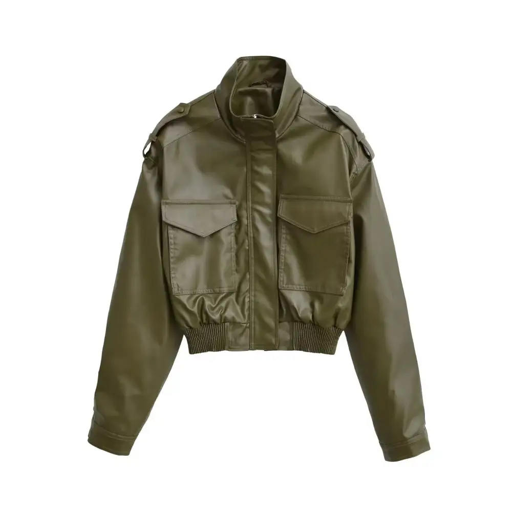 Cropped Tailored Stand Collar Ribbed Trim Bomber Jacket