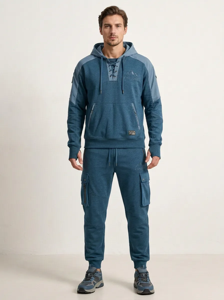 Daily Lace-Up Mountain Graphic Heritage Look Men's Lace Up Hoodie And Cargo Jogger Set