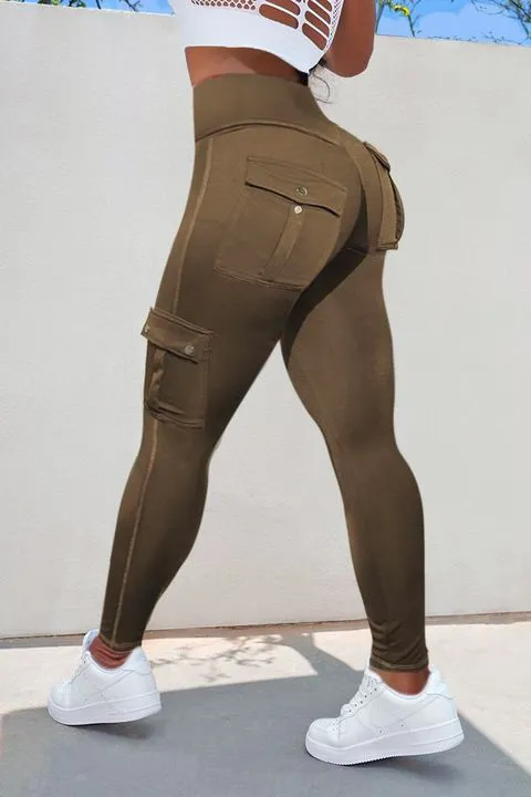 Solid Flap Pocket High Waist Leggings