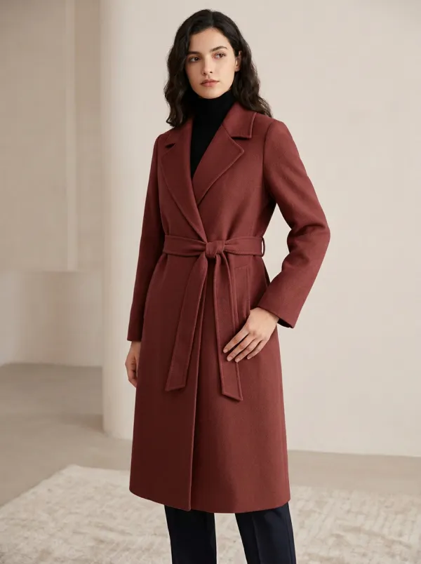 Women's Camel Minimalist Belted Wool Blend Trench Coat