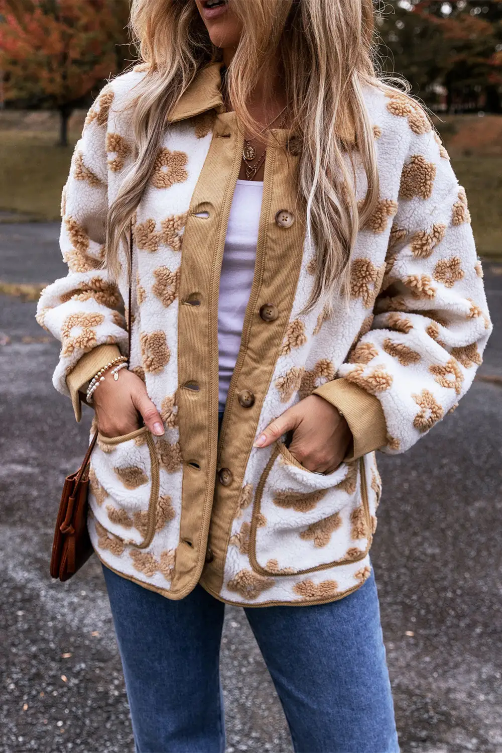 Women's Cute Flower Pattern Button Up Fleece Jacket