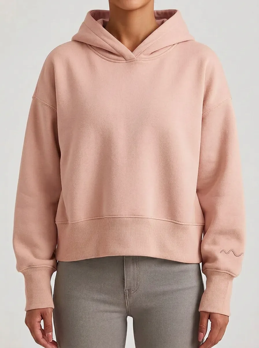 Women's Minimalist Beige Solid Color Wave Embroidered Hoodie