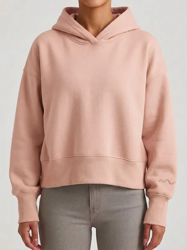 Women's Minimalist Beige Solid Color Wave Embroidered Hoodie