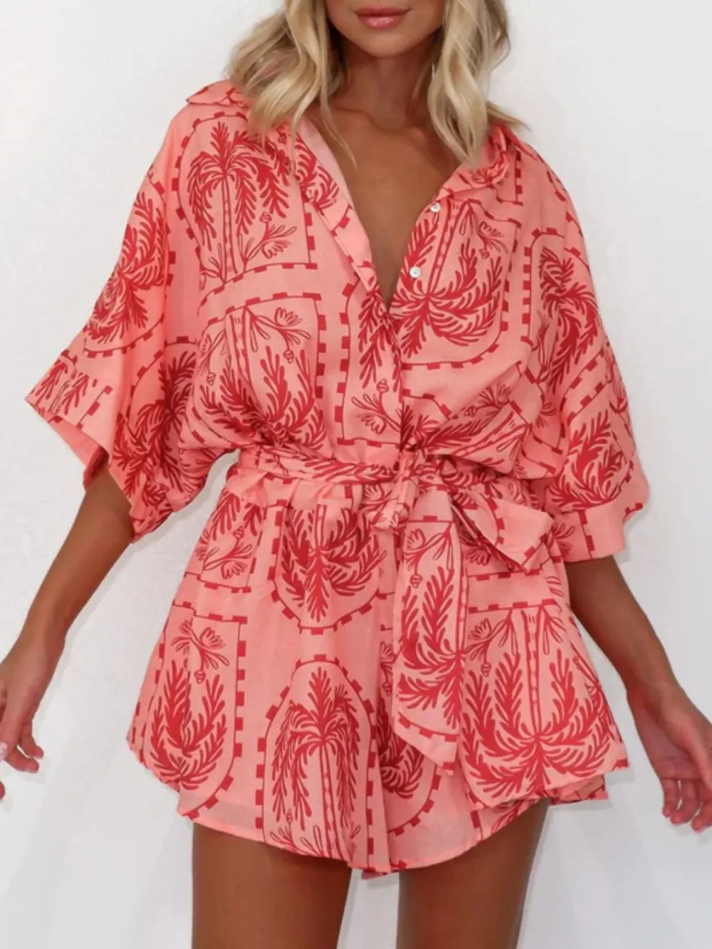 Tie Waist Half Sleeve Romper