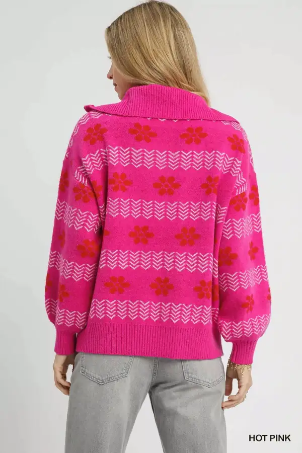 Quarter-Zip Floral Sweater