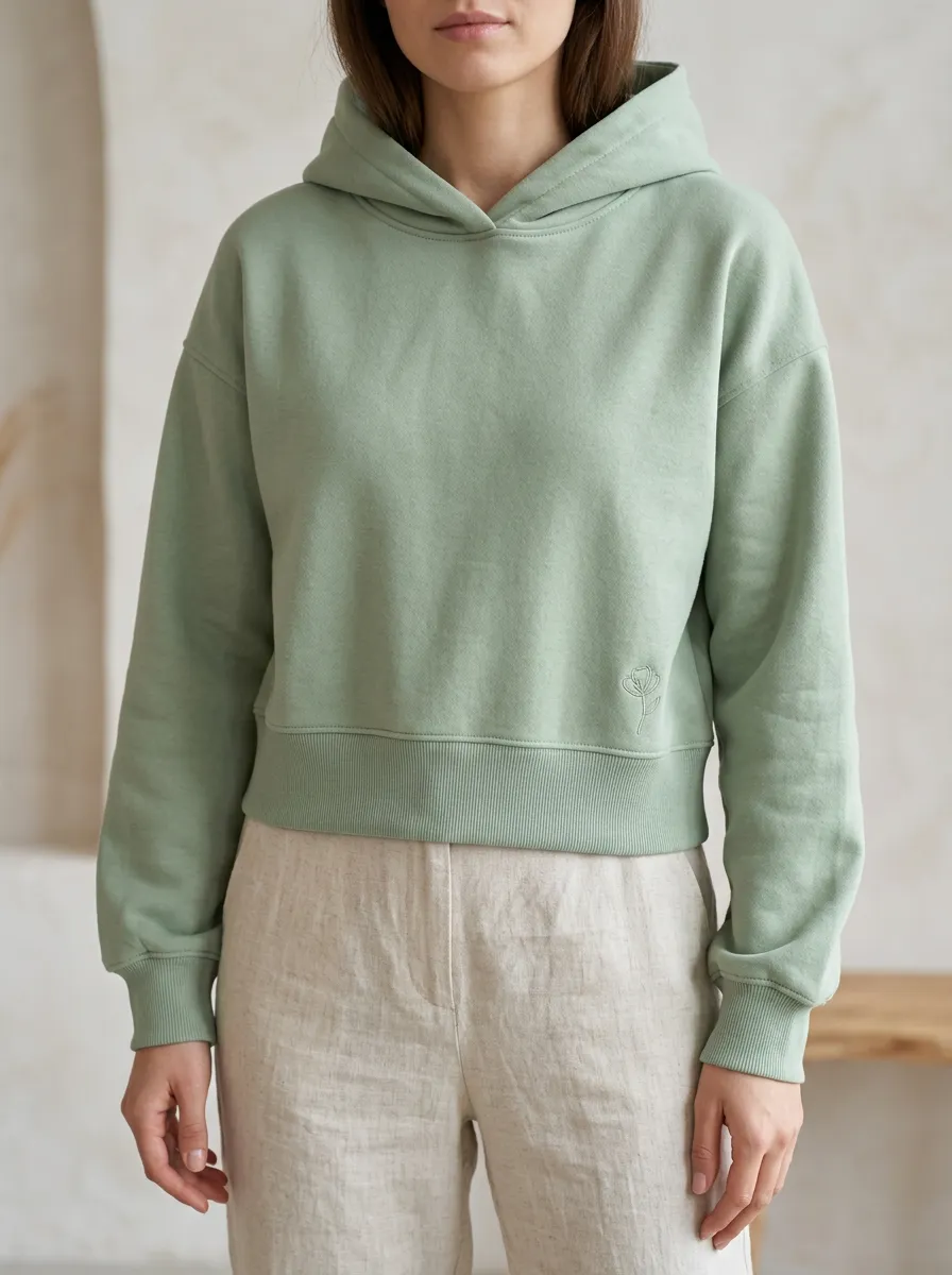 Women's Relaxed Minimalist Sage Green Small Flower Embroidered Hoodie