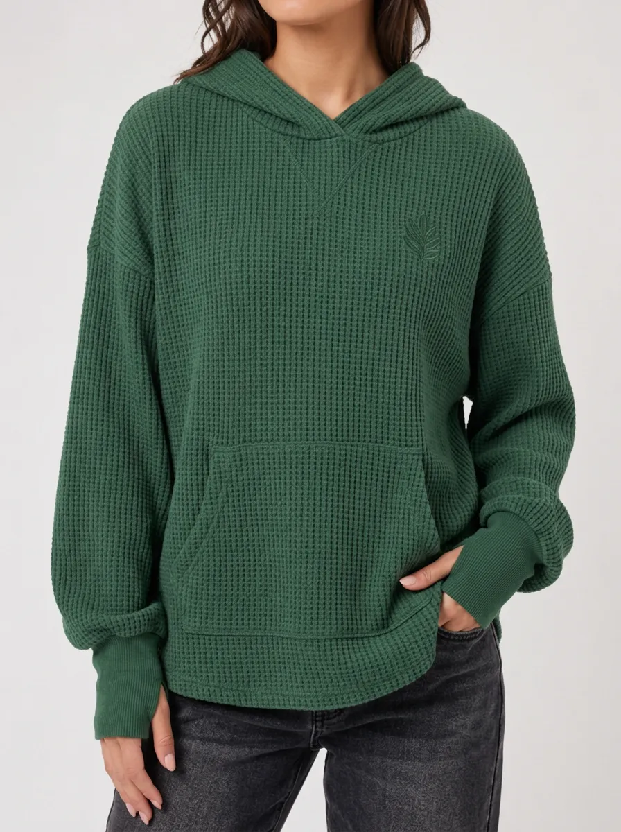 Women's Green Leaf Embroidered Waffle Knit Hoodie