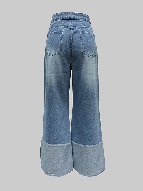 Contrast Panel High Waist Wide Leg Pocket Jeans