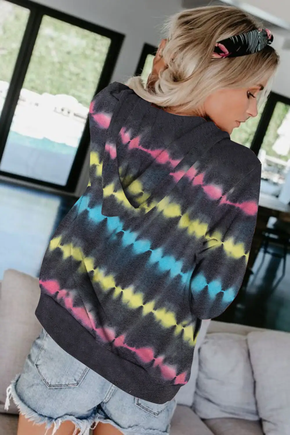 Tie Dye Zipper Pocket Drawstring Hooded Jacket