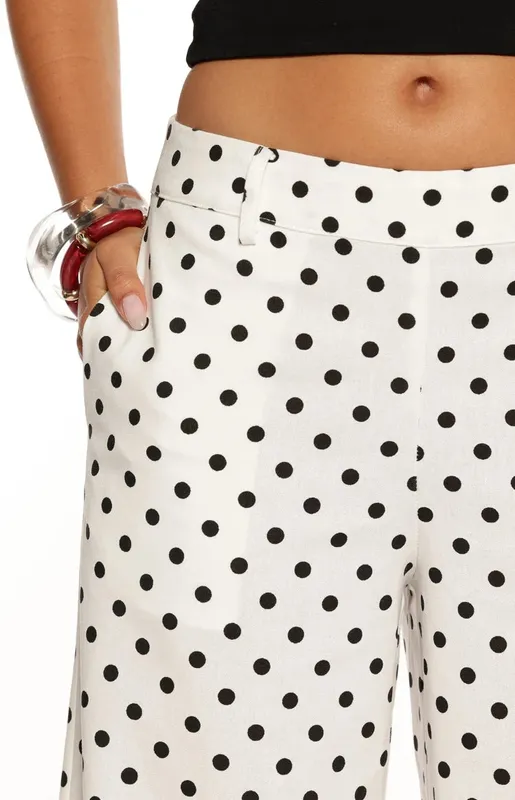 White Polka Dot Low-Rise Straight-Leg Pants