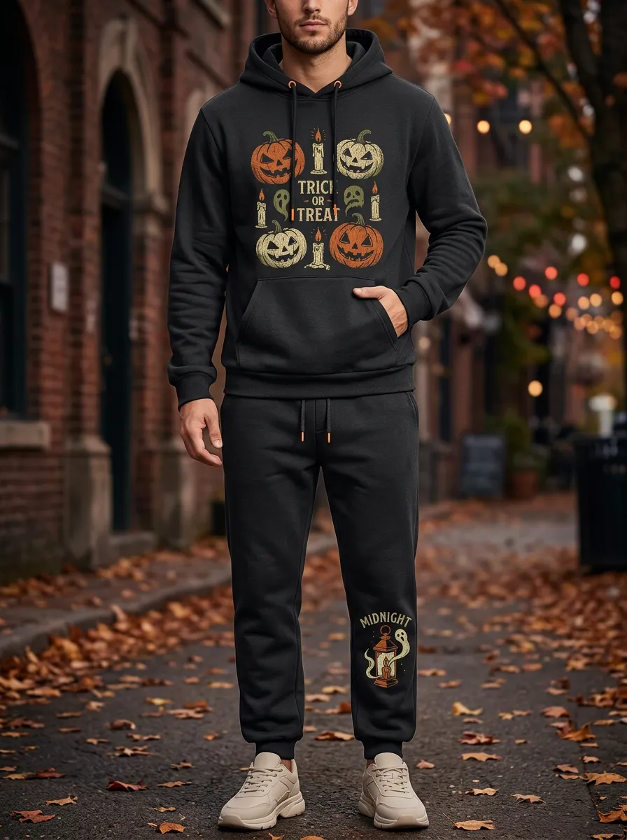 Men's Halloween Trick or Treat Pumpkin Ghost Printed Tracksuit