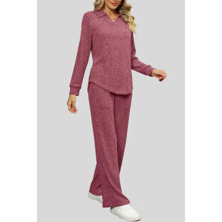 Ribbed Long Sleeve Top and Pocketed Pants Set