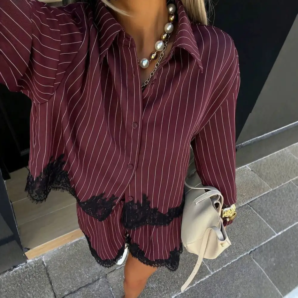 Drawstring Long-Sleeve Buttoned Women's Matching Set