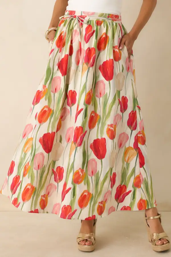 Multicolor Linen Blend Floral Midi Skirt