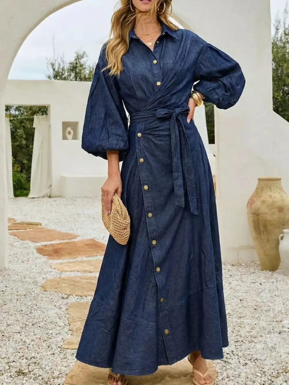 Wrap Front Long Sleeve Belted Denim Dress