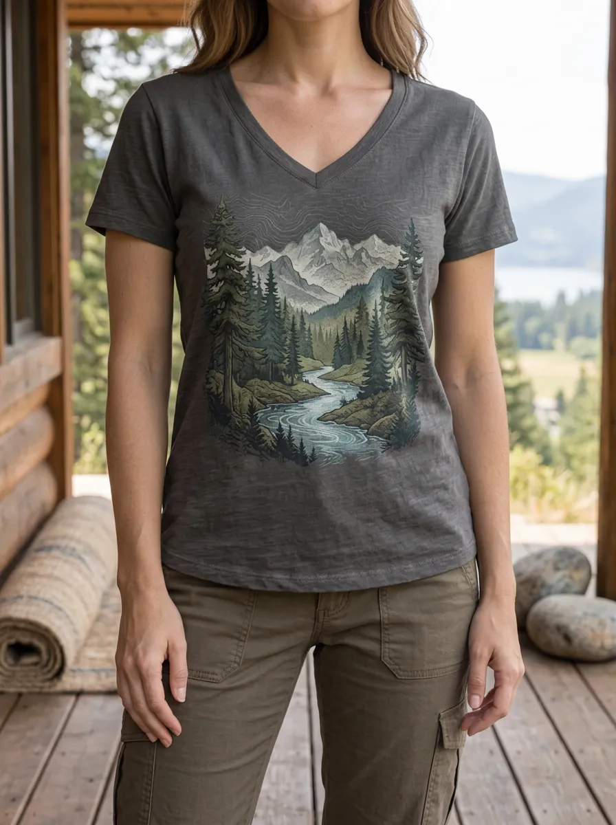 Women's Scenic Nature Lover Mountain River Forest V-Neck T-Shirt