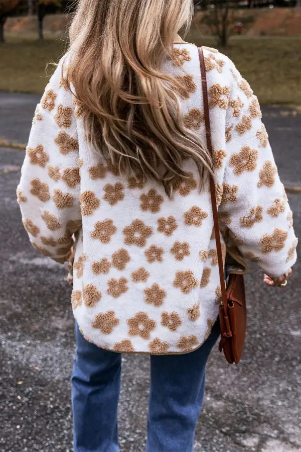 Women's Cute Flower Pattern Button Up Fleece Jacket