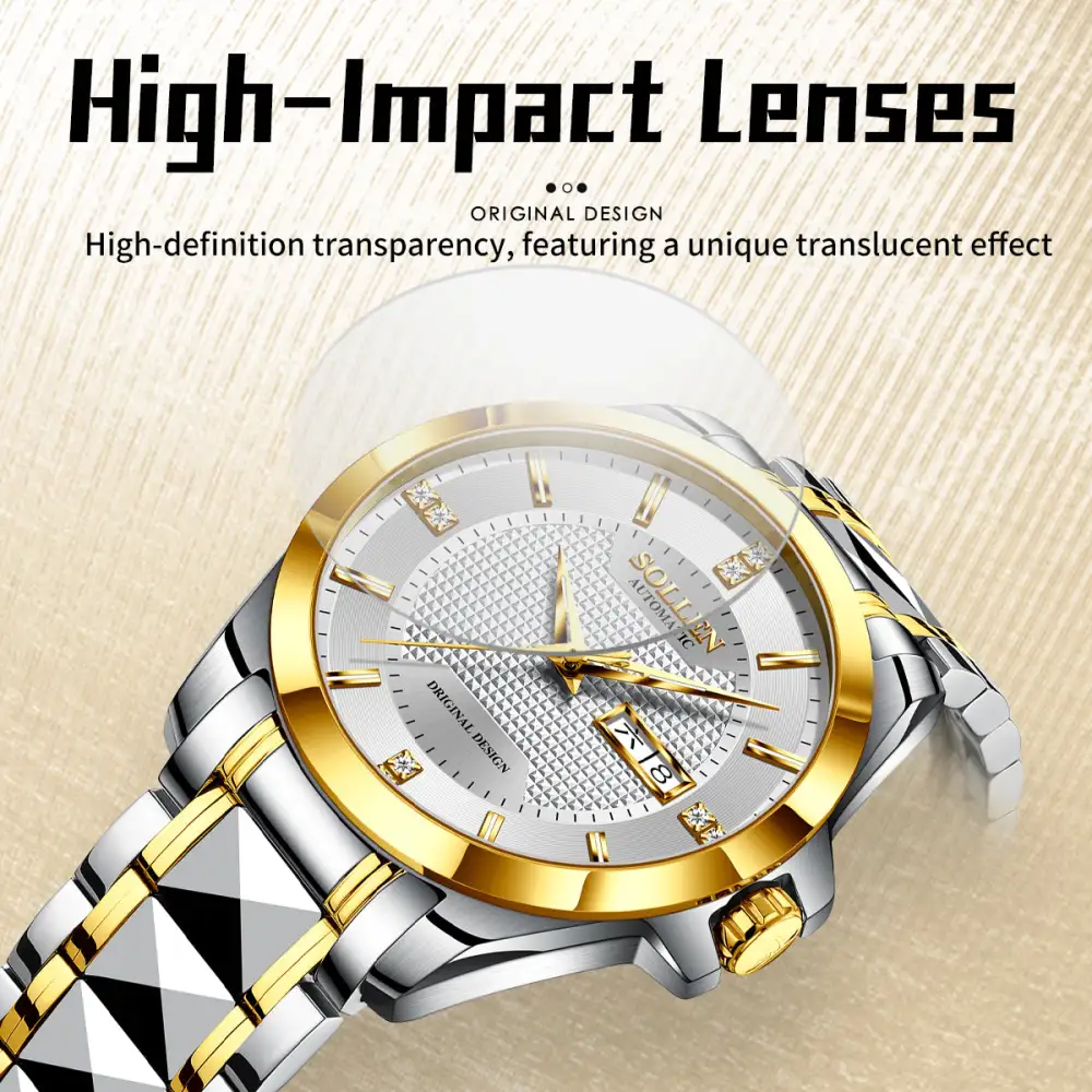 Sollen 9087 Automatic Watch - Men's Dress Citizen 8205 Grid Dial Day Date Crystal Luminous Marker 7-Bead Steel Bracelet Wristwatch