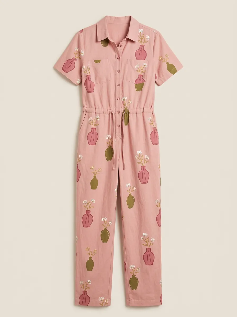 Women's Drawstring Graphic Floral-Motif Jumpsuit