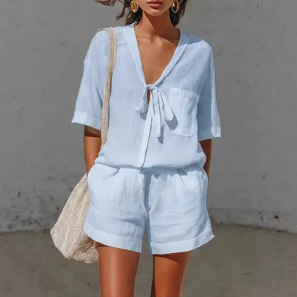 Short-Sleeve Stretch Checked Women's Matching Set