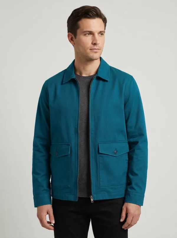 Men's Casual Navy Blue Solid Color Zip-Up Utility Jacket