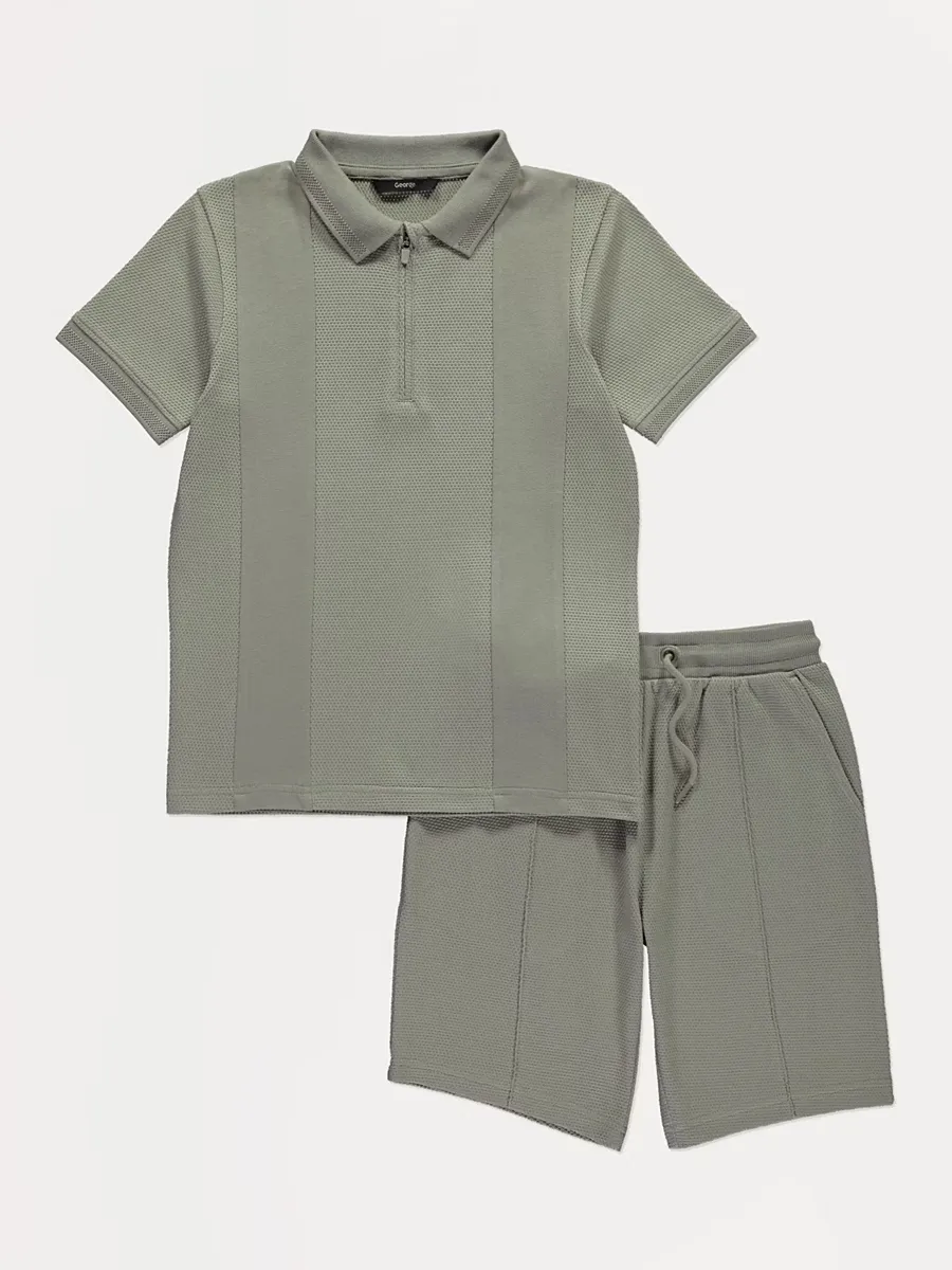 Khaki Textured Polo and Shorts Set