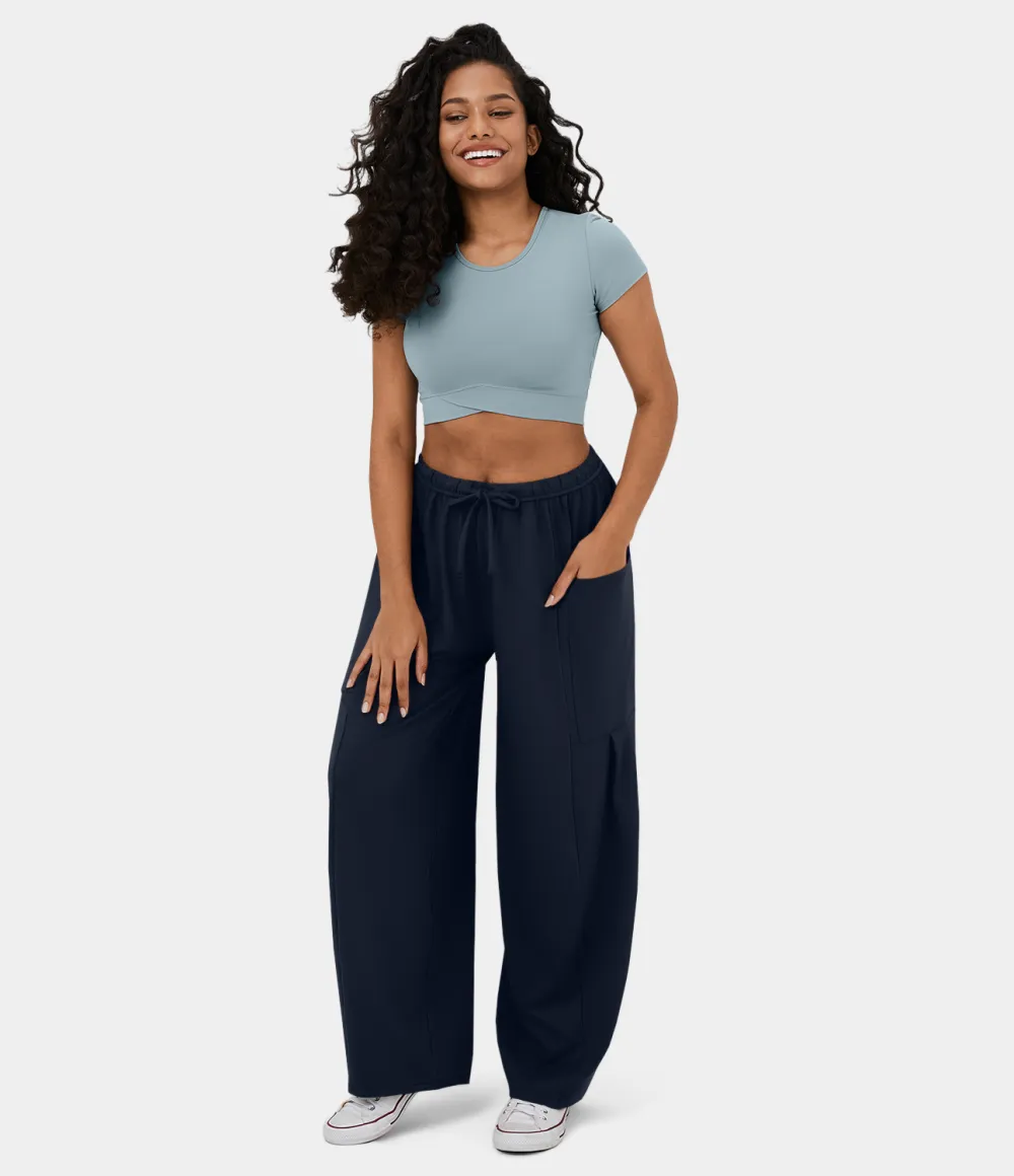 Mid Rise Elastic Waistband Drawstring Side Pocket Palazzo Flowy Wide Leg Casual Pants