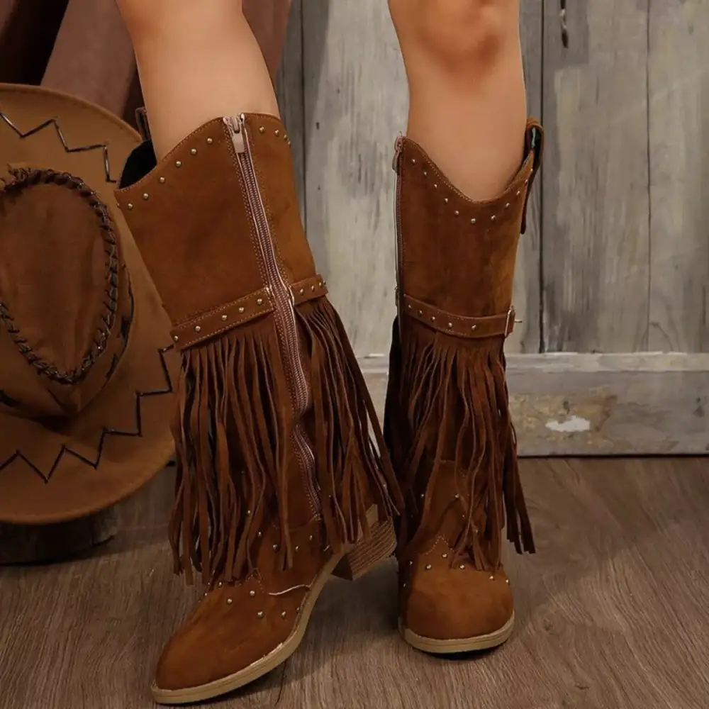 Refined Fringe Point Toe Block Heels Boots