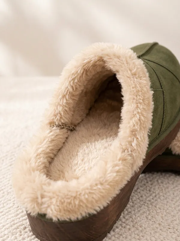 Women's Olive Green Paneled Faux Suede Wood-Effect Clogs