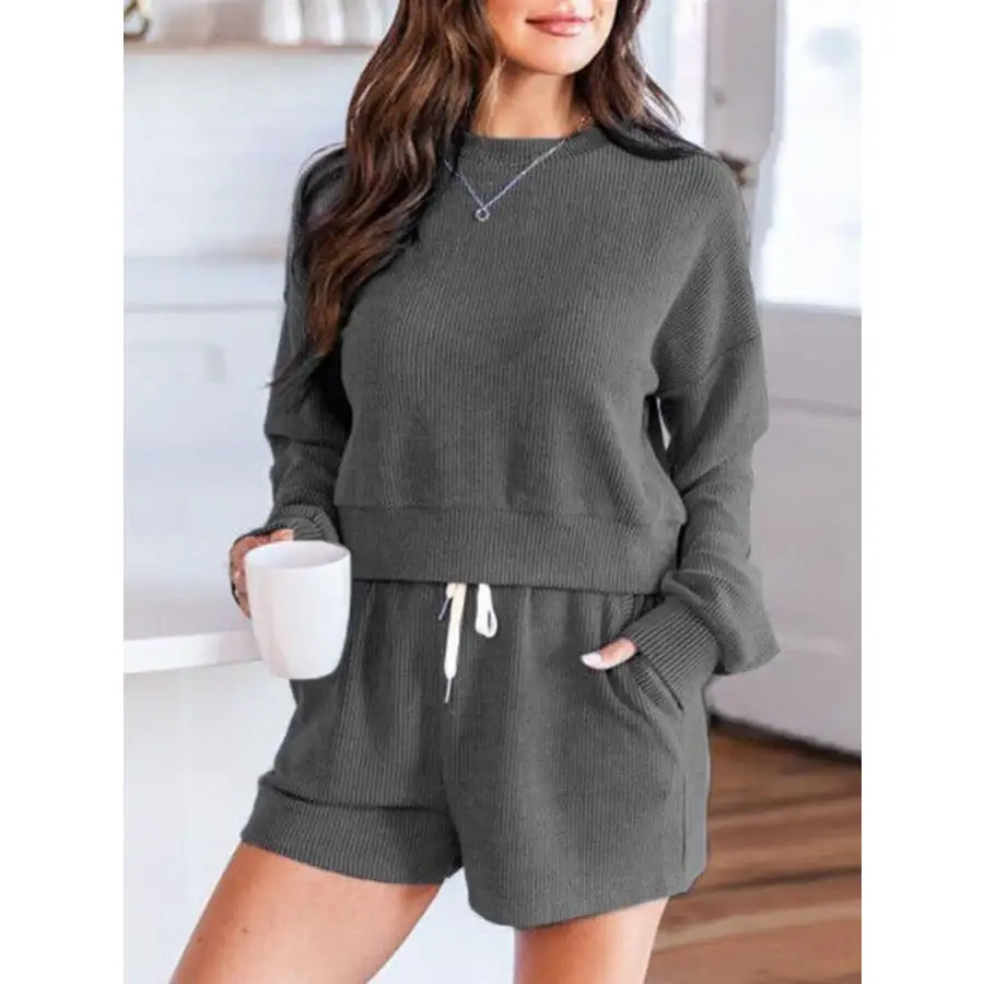 Ribbed Round Neck Long Sleeve Top and Shorts Set