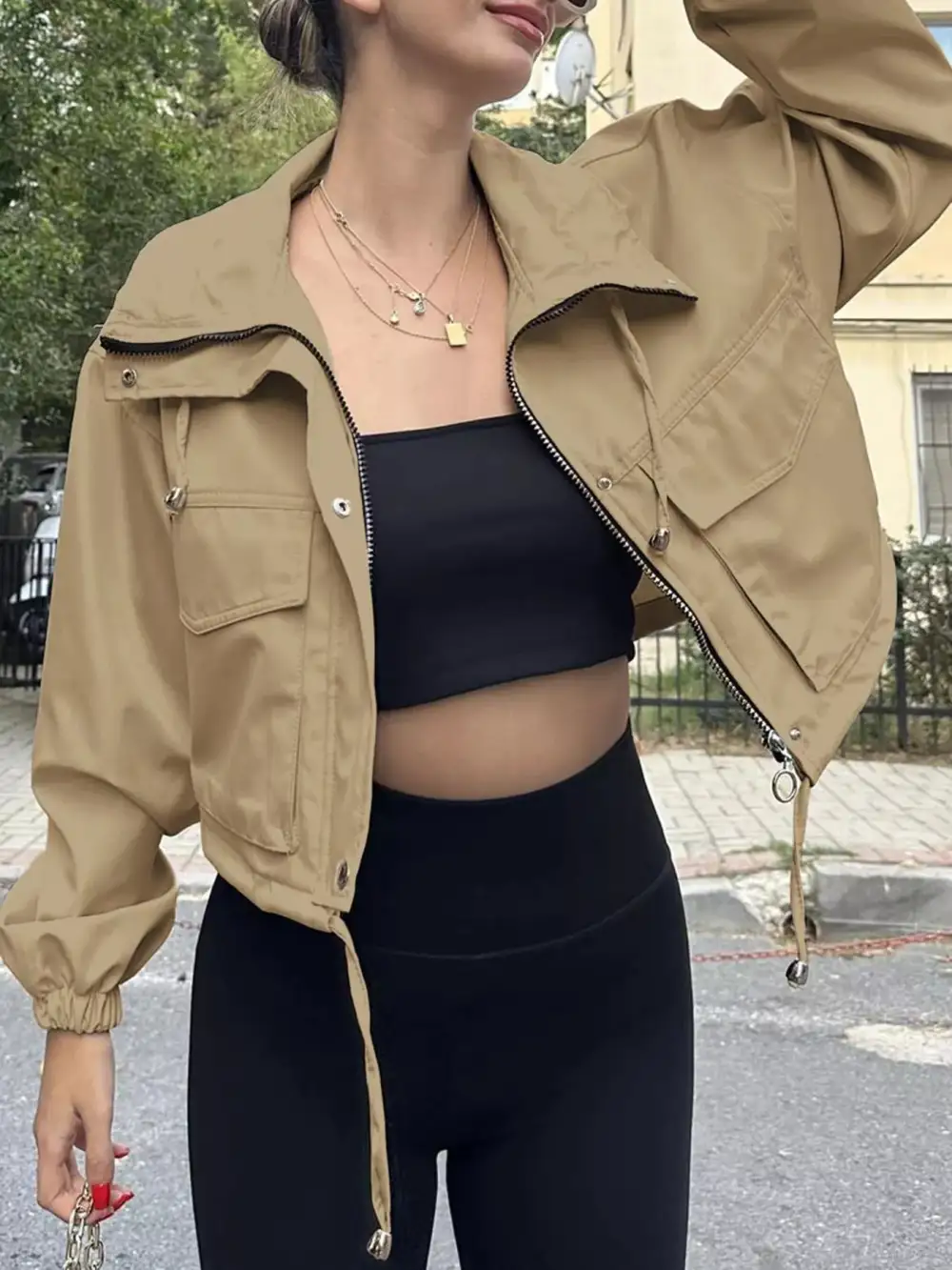 Drawstring Hem Zip Up Jacket
