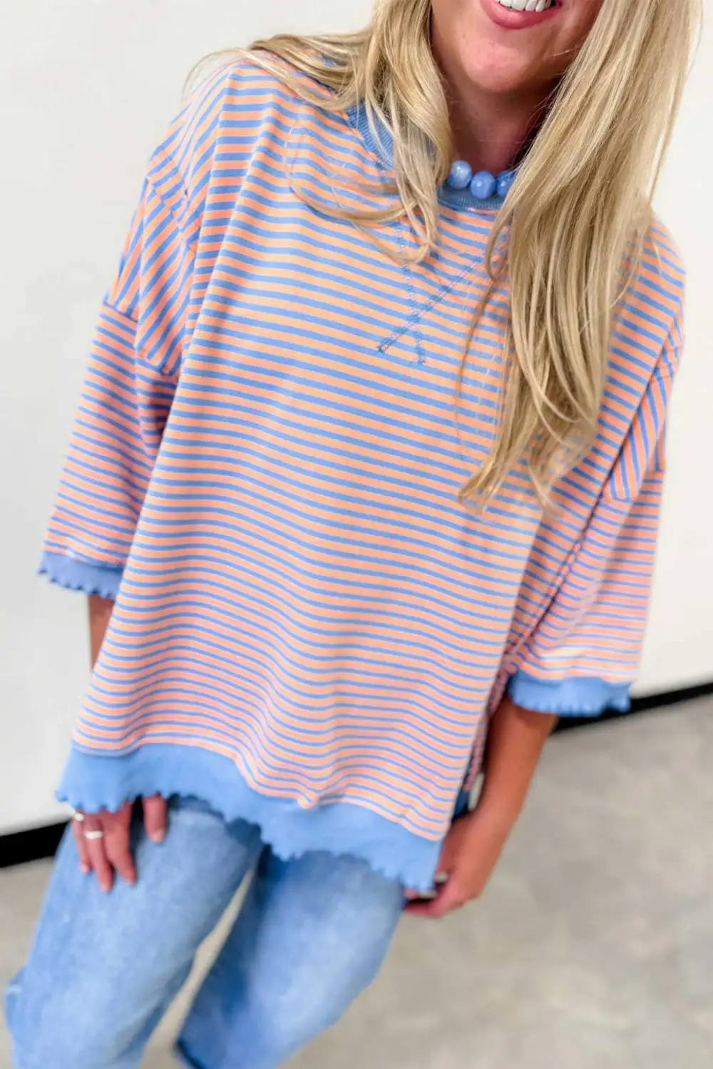Striped Scalloped Trim Relaxed Three Quarter Sleeve Top