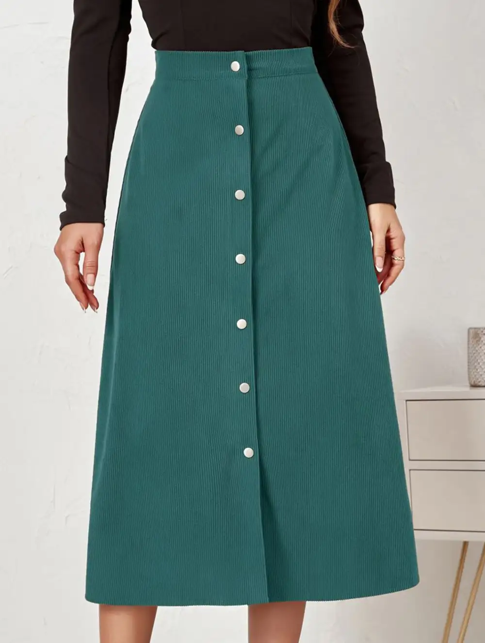 Corduroy Button Front Midi Skirt