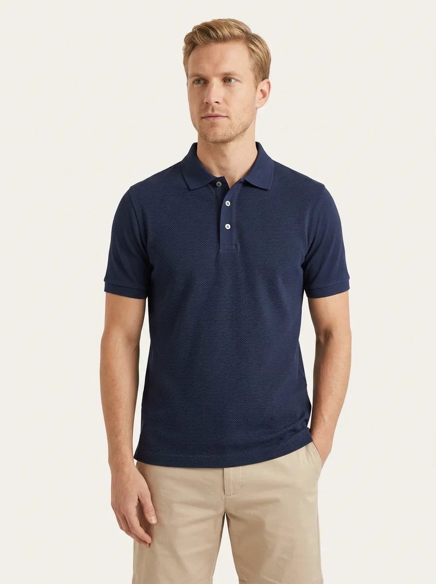 Men's Navy Blue Textured Knit Casual Polo Shirt