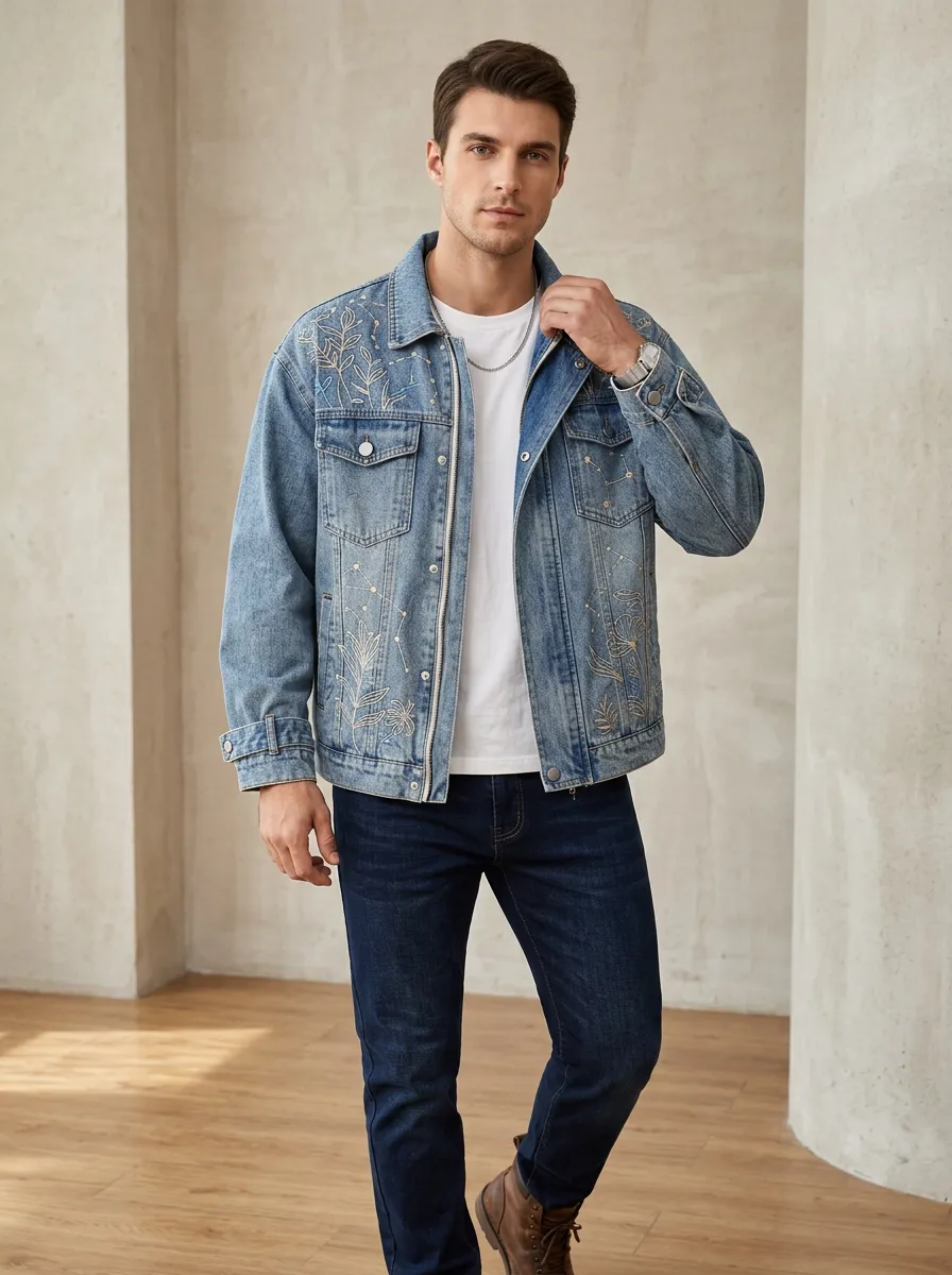 Men's Constellation Floral Embroidered Printed Denim Jacket