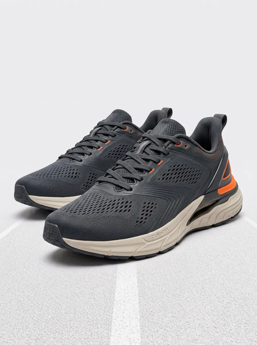 Men's Grey Orange Mesh Breathable Cushion Running Shoes