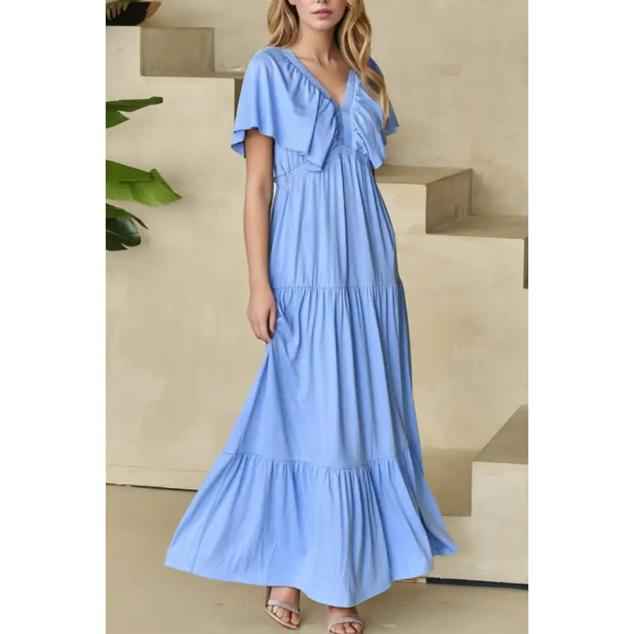 Ruffled V Neck Flutter Sleeve Maxi Dress