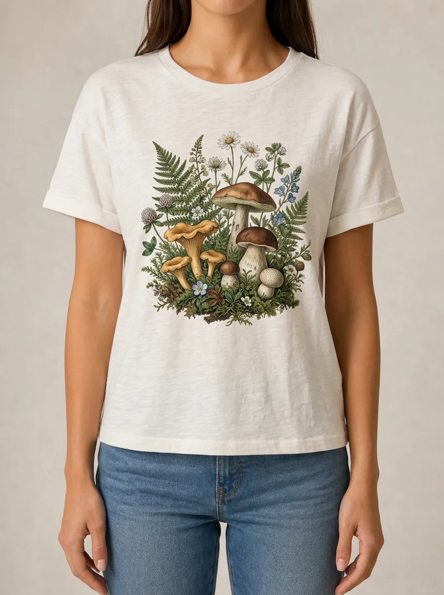 Women's Botanical Mushroom Graphic T-Shirt Rolled-Cuff