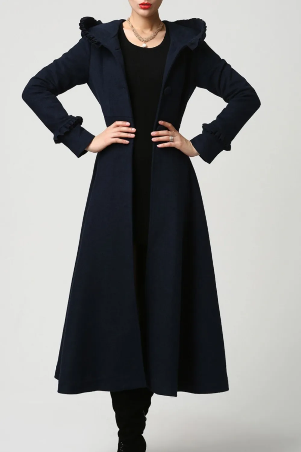 Wool Blend Fit and Flare Hooded Single Breasted Ruffle Trim Long Coat