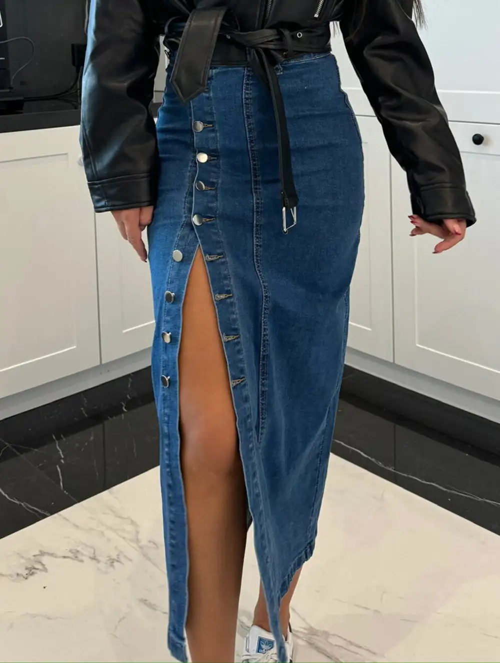 Denim Slit Midi Skirt