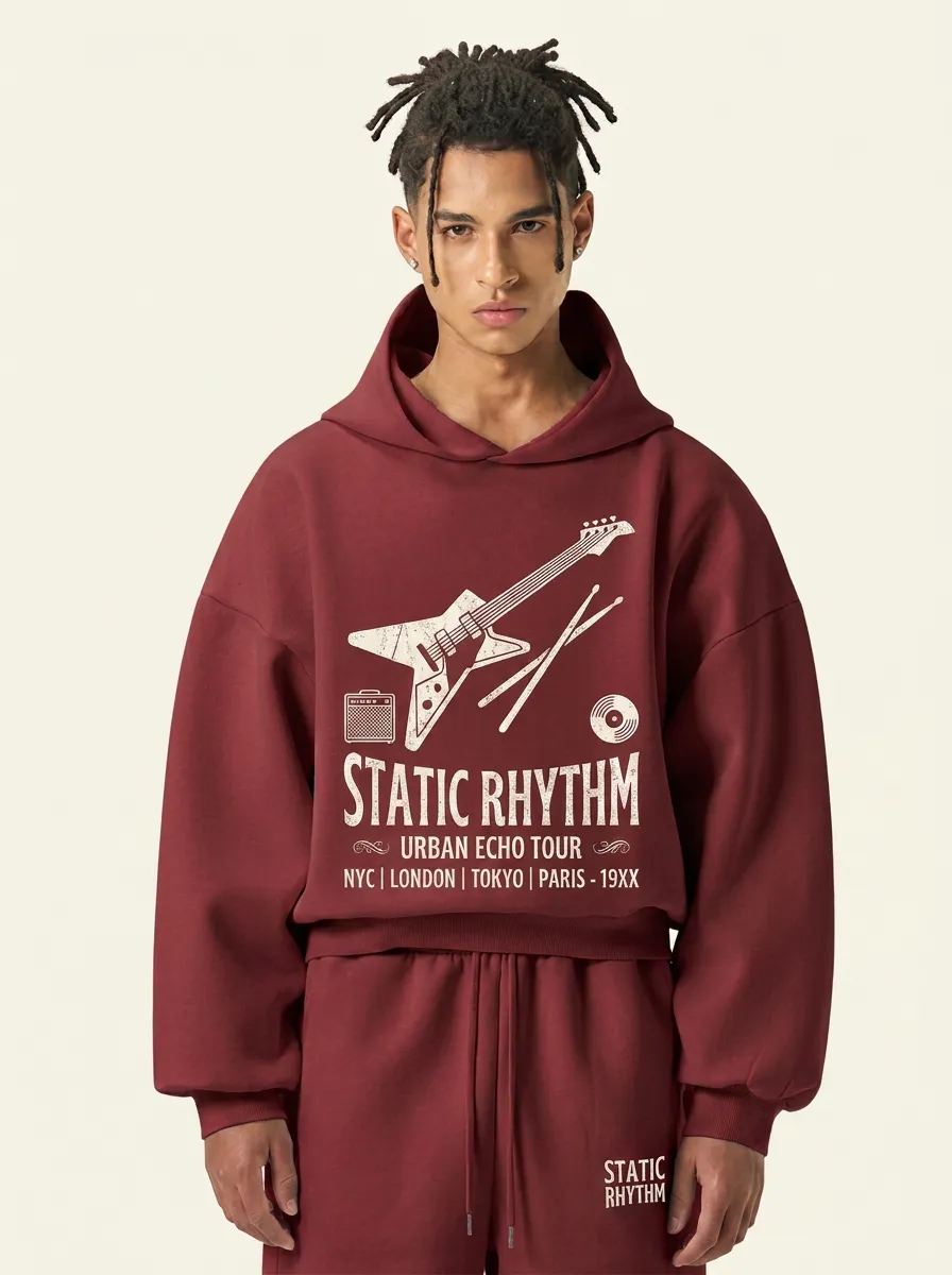 Men's Rock Band Music Lover Electric Guitar Drumsticks Printed Hoodie