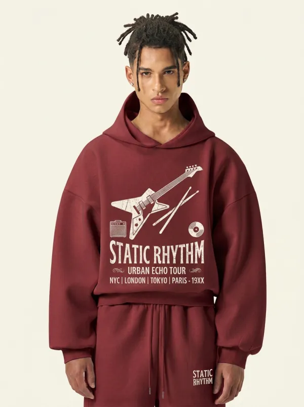 Men's Rock Band Music Lover Electric Guitar Drumsticks Printed Hoodie