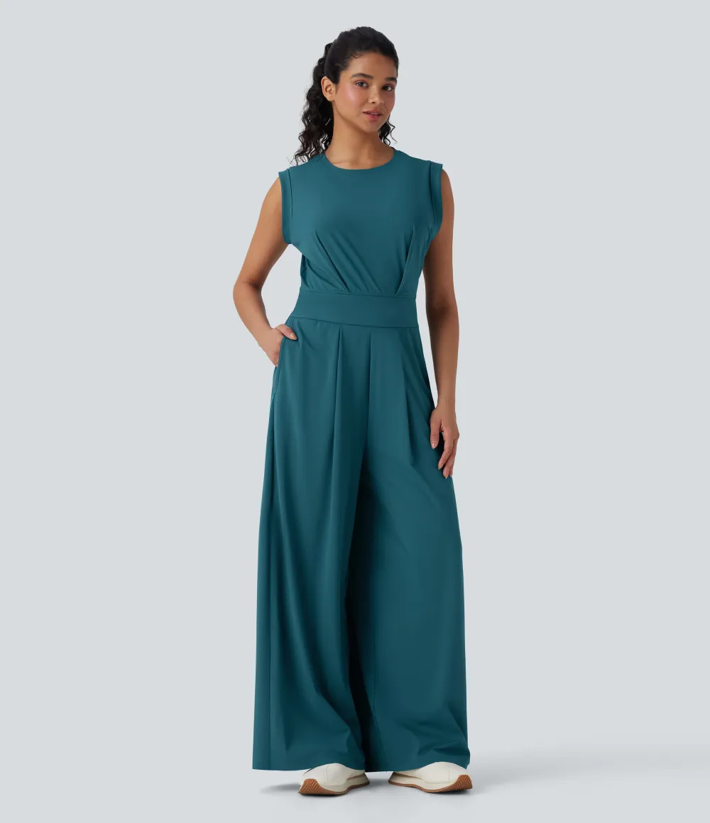 SoftlyZero QuickDry Round Neck Sleeveless Keyhole Pocket Yoga Jumpsuit-Easy Peezy Edition