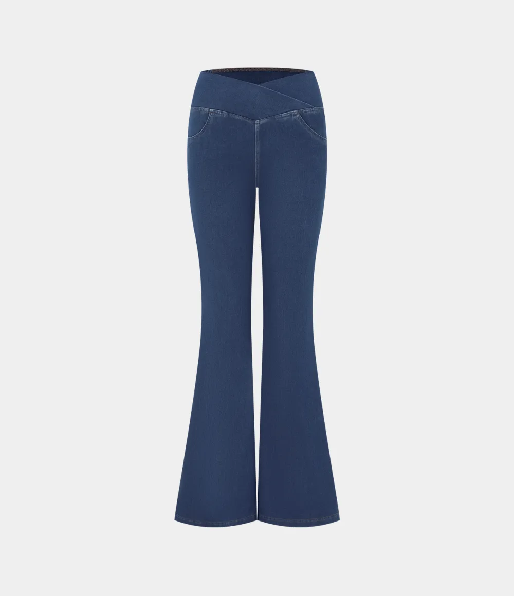 Magic High Waisted Crossover Pocket Cool Touch Washed Stretchy Knit Casual Super Flare Jeans