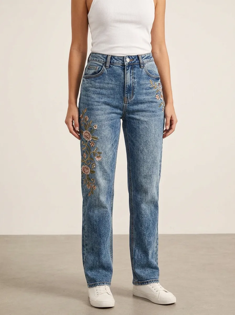 Women's Floral Lover Vintage Embroidered Printed Straight Jeans