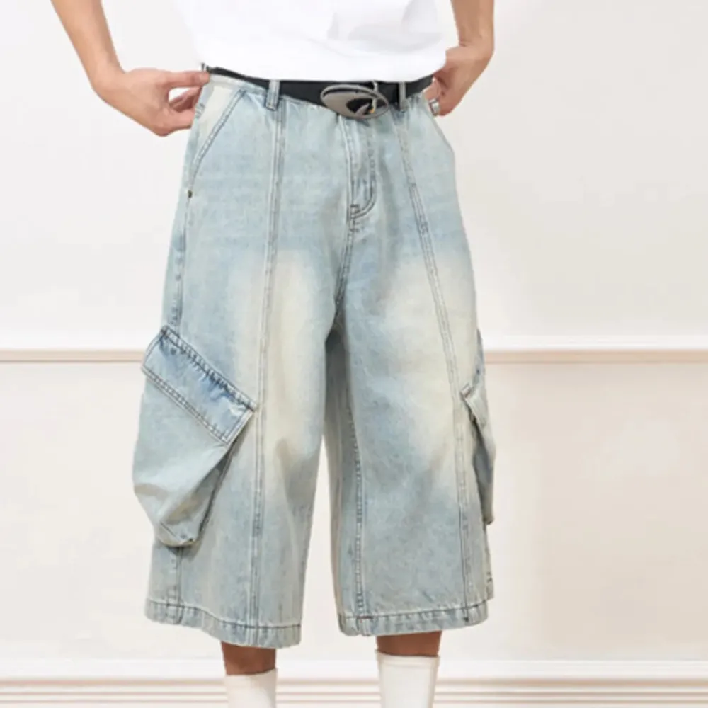 Wide Leg Pocket Detail Vintage Inspired Washed Capri Jeans