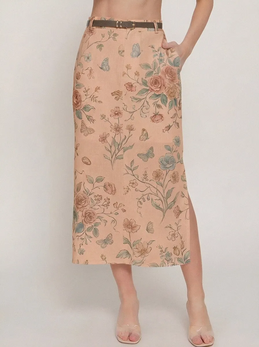 Women's Belted Floral Butterfly Botanical Printed Midi Skirt