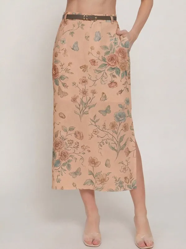 Women's Belted Floral Butterfly Botanical Printed Midi Skirt