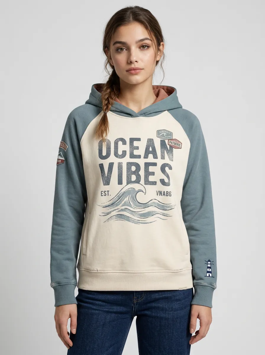 Women's Ocean Lover Beach Wave Printed Raglan Hoodie